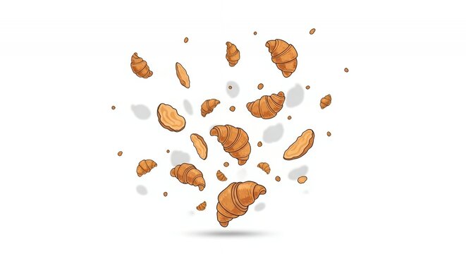 Collection of falling fresh buttery croissants and bread slices on white background for bakery cafe menu design.