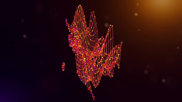 Dynamic South Korea map reveal animation formed by connected neural network lines and colorful nodes over a purple and orange bokeh background, representing AI, data, and digital transformation.
