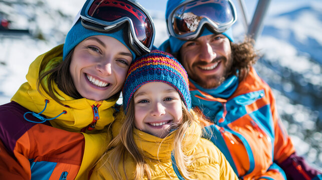 Portrait en gros plan d'une famille heureuse faisant du ski dans les Alpes. Parents et enfant souriants avec des v&ecirc;tements d'hiver color&eacute;s sur un t&eacute;l&eacute;si&egrave;ge dans une station de montagne, IA