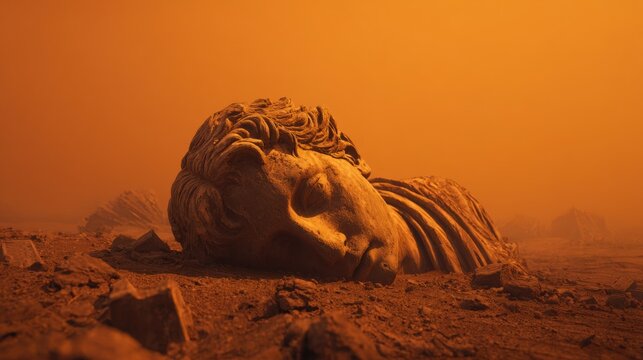 A monumental sculpture of a human head lies partially buried in the dusty, ochre terrain of a barren planet, evoking a sense of ancient ruins and existential desolation