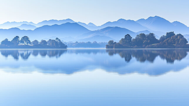 Calm blue lake perfectly mirrors hazy, layered mountains and distant tree-lined islands, creating a tranquil natural landscape