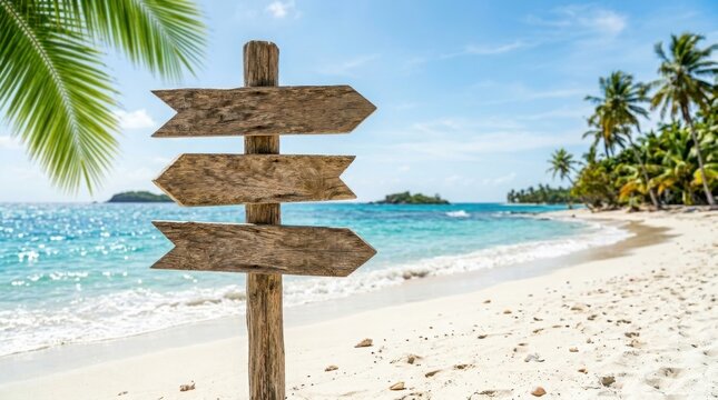 Empty wooden signpost on a tropical beach with palm trees
