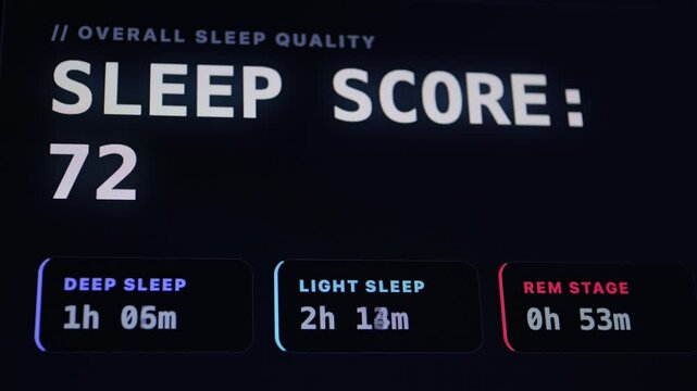 A digital dashboard interface displaying an overall sleep score and detailed sleep stages.