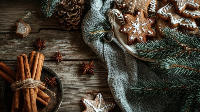 Warm and cozy holiday season with delicious homemade gingerbread cookies and cinnamon sticks