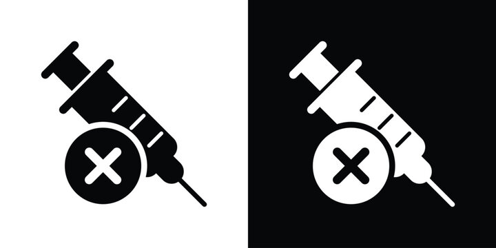 Anti-vaccine or no injection vector icon. Syringe with a cross mark symbol on contrasting black and white backgrounds representing vaccine refusal.