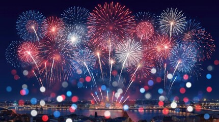 Spectacular fireworks display over city skyline at night