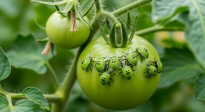 Green aphids clustered on ripening green tomato fruit in garden setting