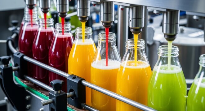 Automated juice bottling line with colorful bottles. Industrial beverage filling process in a factory.