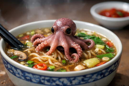 Gourmet Asian noodle bowl with baby octopus, fresh vegetables, red chili peppers and spicy broth, exotic and flavorful culinary composition