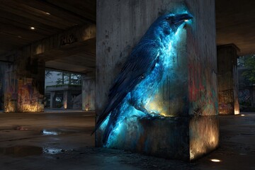 Obraz premium A magnificent glowing blue raven emerges from a concrete pillar in a dark, mysterious urban underpass setting.