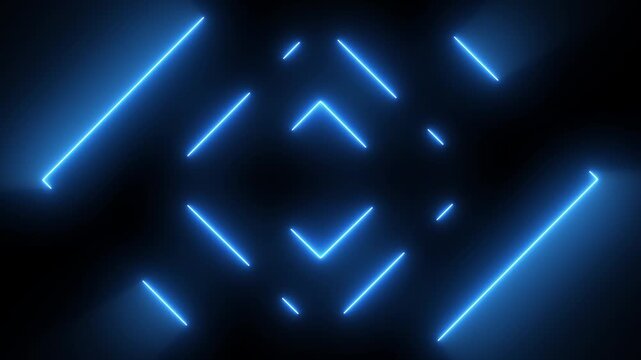 Abstract blue neon arrow light animation on dark background futuristic geometric motion loop