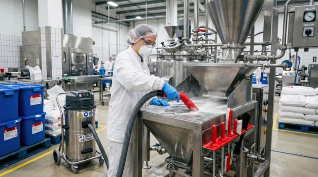 Industrial hygiene scene with protective mask, color coded tools and stainless equipment focused on cross contamination prevention.
