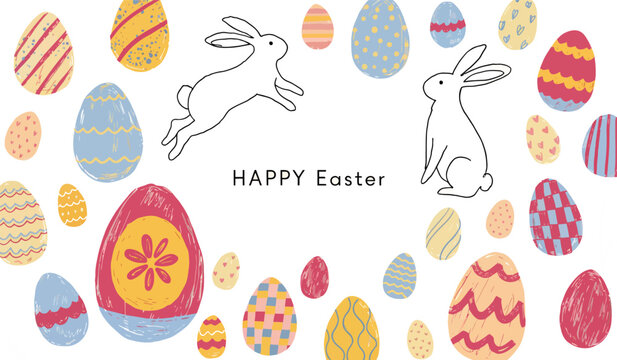 Playful happy easter graphic with outline rabbits and decorated eggs