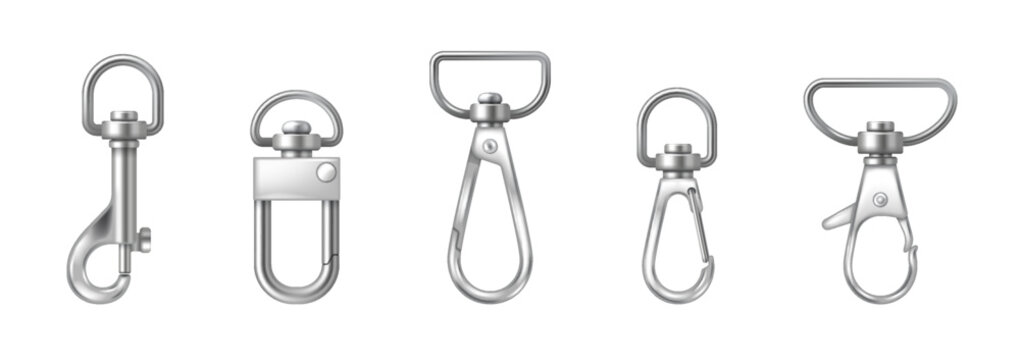 Realistic illustration of metal keychain clasps. Silver color with a shiny finish. Represents durability and style. Suitable for crafting and design projects.