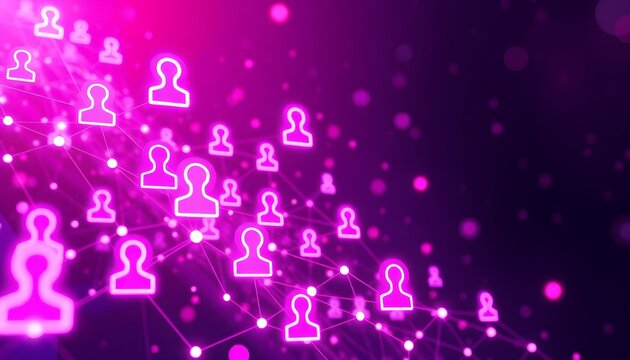 Abstract network of glowing human icons representing connections and community in a vibrant purple digital space