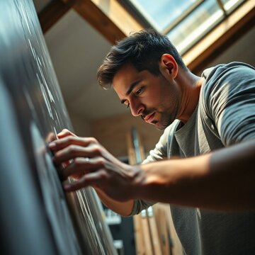 a focused artist perhaps a painter or sculptor intensely wor