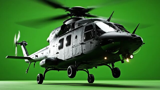 Military Helicopter Hovering on Green Screen Background, Realistic Tactical Chopper with Spinning Rotors Chroma Key Studio Shot