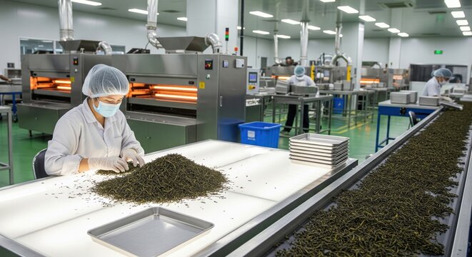 Tea processing factory with worker inspecting dried tea leaves on conveyor, showing sorting, quality control, hygienic handling and industrial production standards.