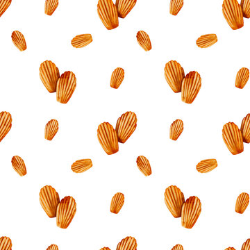 French dessert illustration featuring madeleine and cookies, seamless pattern design with watercolor art.