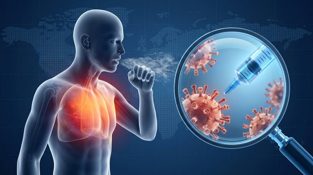 The coughing patient with a chest inflammation and medical syringe, Pneumonia Concept, respiratory symptoms