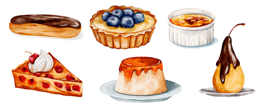 Elegant French Dessert Clip Art  Watercolor Illustrations of &Eacute;clair, Pear Tart, Cr&egrave;me Br&ucirc;l&eacute;e, and More for Patisserie and Culinary Design