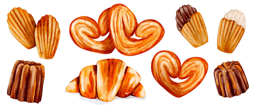 French Pastry Clip Art Watercolor Illustrations of Croissant, Canel&eacute;, Madeleine, and More for Bakery and Culinary Design