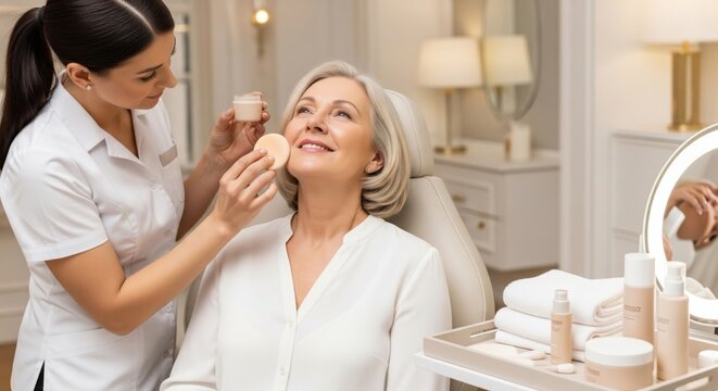 Mature woman receiving professional beauty care in bright studio, with visible clean tools, fresh towel and calm client focused preparation.