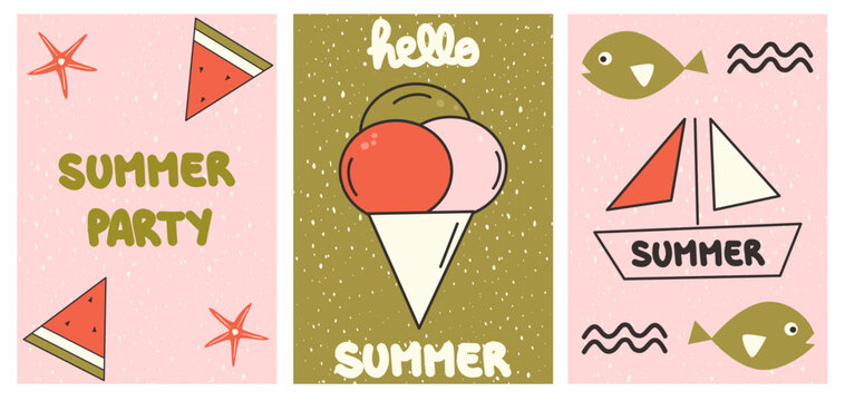 Cute Hand Drawn Summer Vector Card Illustration Set with Ice Cream, Watermelon, Sailboat and Fish in Retro Style