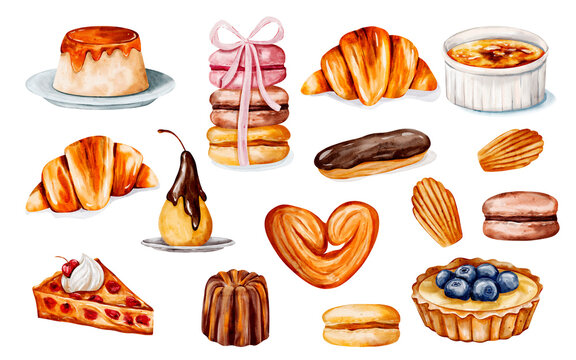 French dessert illustration set with pear chocolate poire belle h&eacute;l&egrave;ne macaron flan croissant eclair and more.