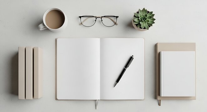 Minimalist desk with open notebook pen glasses coffee cup succulent and books