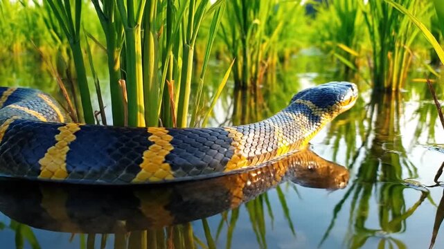 Banded Krait Snake Navigating Through Rice Paddy Water