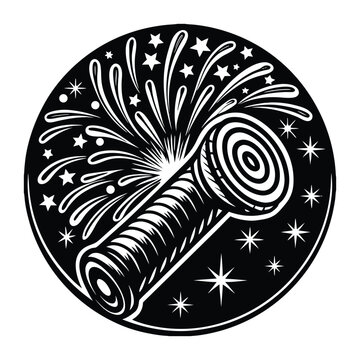 Linocut style circular vector design featuring an exploding firework rocket launching sparks, surrounded by festive stars and a sparkling night sky within a monochrome seal.