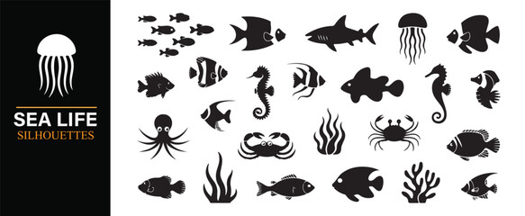 Obraz premium Sea Life Silhouettes Collection with Marine Animals and Ocean Creature Icons