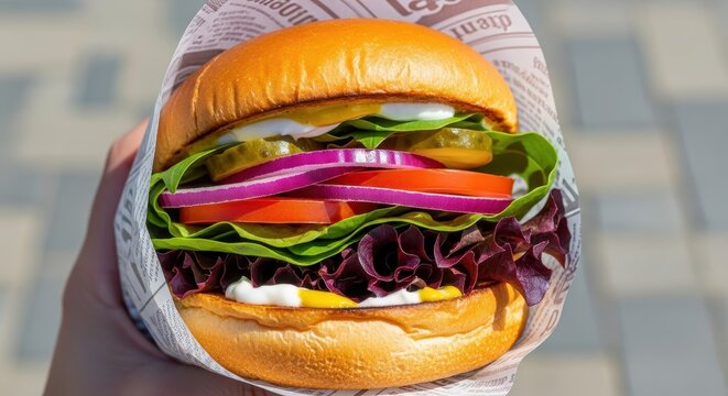 Delicious Gourmet Burger with Fresh Lettuce, Tomato, Red Onion, and Pickles Wrapped in Paper