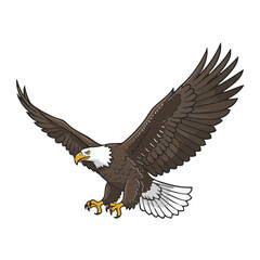 Obraz premium Bald eagle flying with wings spread wide, soaring in sky.