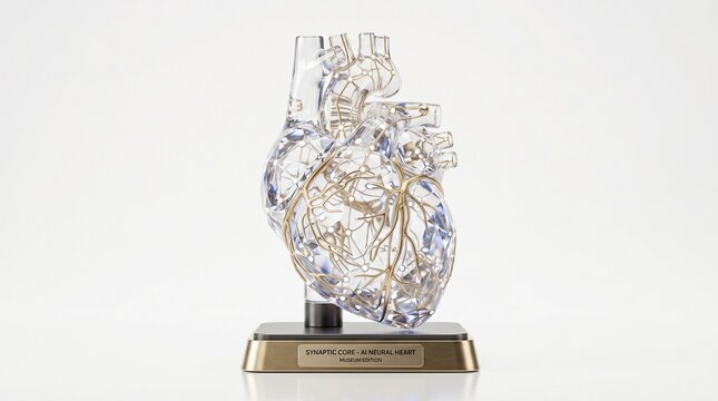 An anatomical human heart sculpture made of clear crystal with golden neural pathways, mounted on a dark base, isolated on white background