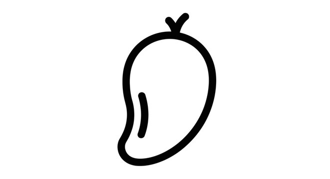 Simple black line drawing of a mango fruit with a leaf on a white background