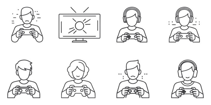 People Playing Video Games Icon Set Minimalist Line and Glyph Vector Collection