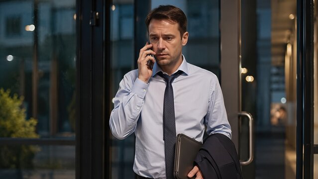 Burned out office worker making final call near exit shows inability to disconnect, work spillover and realistic emotional fatigue after long day.