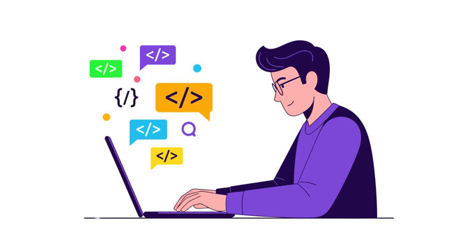 Software Developer and Web Designer Working on Laptop with Coding Symbols. Flat Vector Illustration for Programming, Software Engineering, and Tech Education Concepts.
