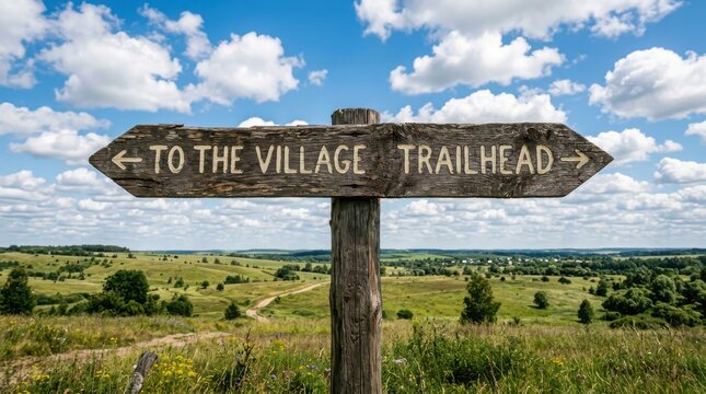 Rustic wooden signpost pointing to the village and the trailhead in a beautiful rural landscape