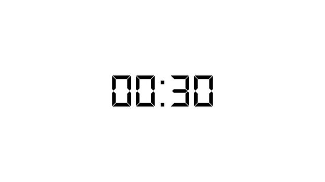 Digital clock reverse countdown timer animation from 60 to 00 seconds with black led electronic numbers stopwatch display isolated on white background.