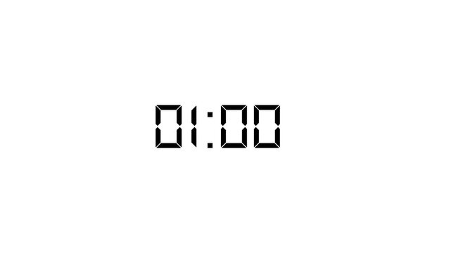 Digital clock 2 minute reverse countdown timer animation from 02:00 to 00:00 seconds with black led electronic numbers stopwatch display isolated on white background.