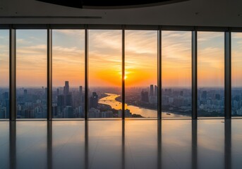 Fototapeta premium Sunset cityscape viewed through floor-to-ceiling windows at dusk