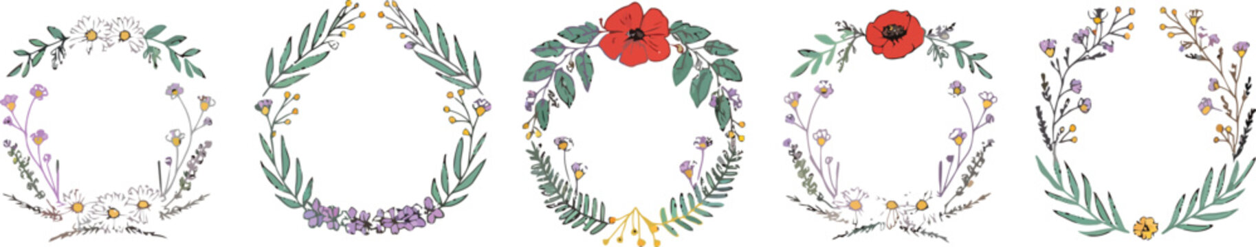 Watercolor style floral wreath collection with hand painted leaves and wildflowers for wedding invitation design and spring season celebration greeting card graphics