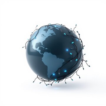 Blue globe encircled by string lights. Represents global connectivity, communication, or holiday season. Bright illumination highlights world map.