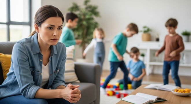 Stressed busy woman managing home life alone with children present representing single parent pressure emotional fatigue overload and challenge of daily responsibilities