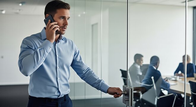 Male office professional speaking by phone near meeting room door highlights pre meeting planning, quick decision making and practical corporate communication.
