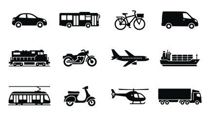 Collection of Black Silhouettes Featuring Various Transportation Vehicles and Equipment for Design Projects © Velo