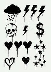 Obraz premium Urban Graffiti Icon Set with Dripping Paint, Skull, Hearts, Stars, Lightning Bolts, and Dollar Sign for Street Art Design